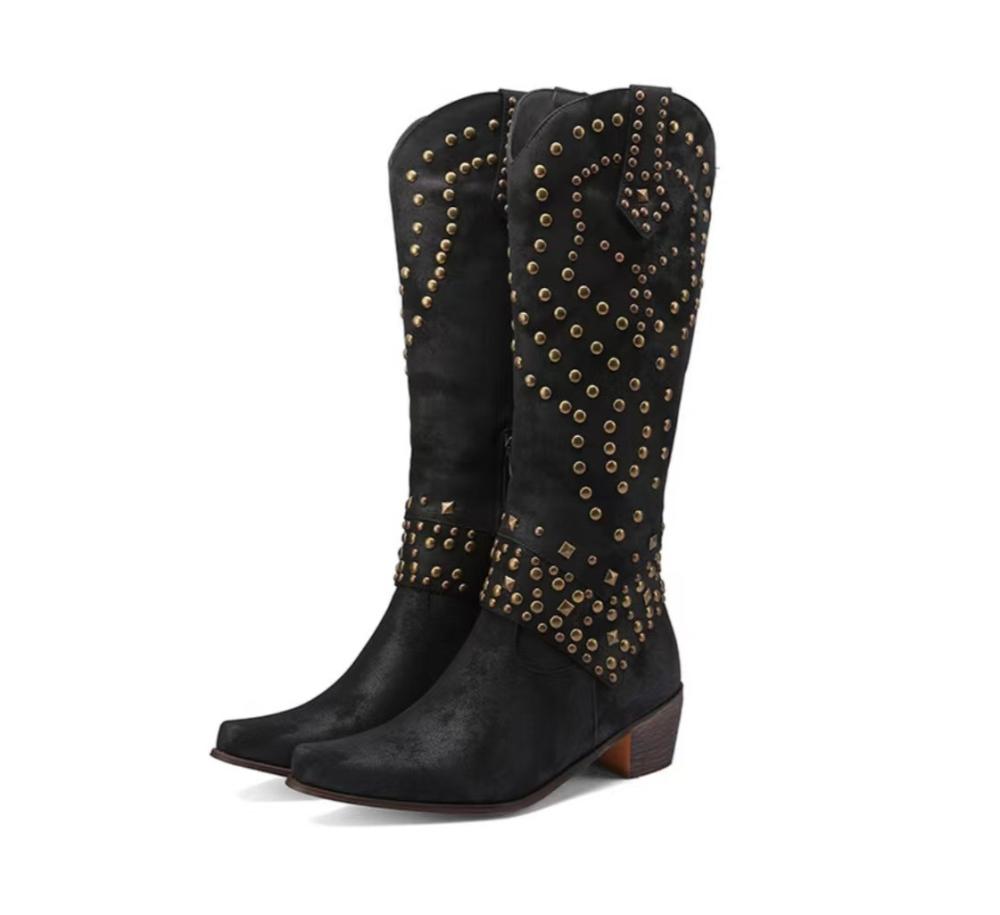 Womens Boots | Suede Studded Harness Knee High Cowboy Boots Boots Boots