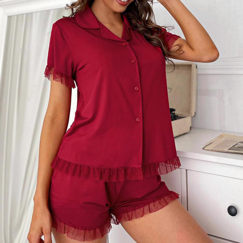 Womens Sleepwear | Satin Ruffle Shorts Pyjama Set Clothing Sleepwear