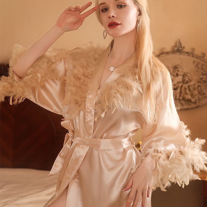 Womens Lingerie | Feather Trim Satin Longline Dressing Gown Clothing Lingerie